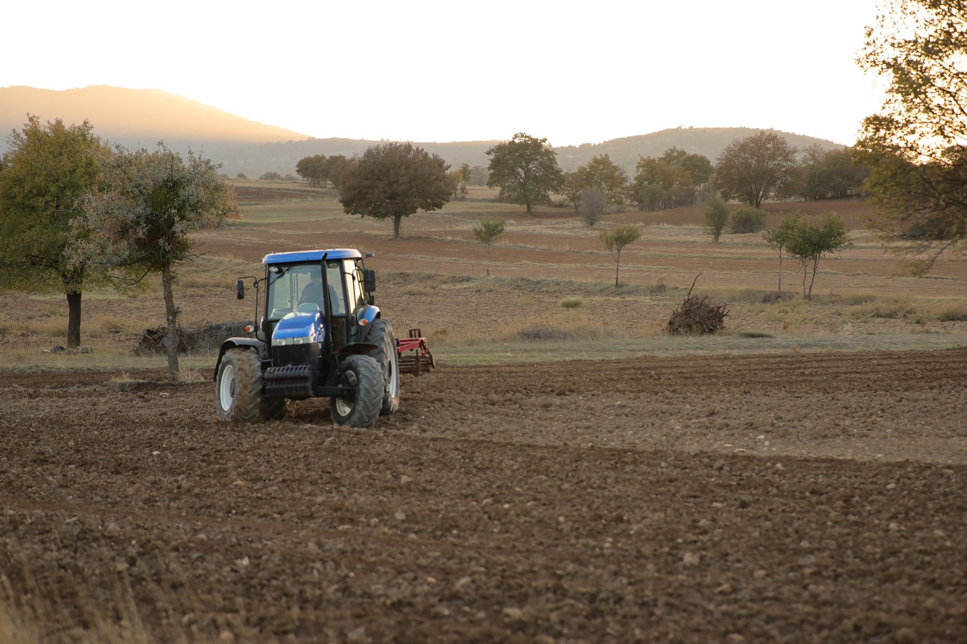 Trattore che lavora un campo agricolo al tramonto